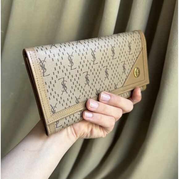 Yves Saint Laurent Continental Wallet Beige Tan Neutral Leather Canvas Tri - Picture 1 of 12